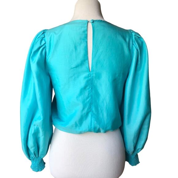 Alice + Olivia Shondra cotton silk blend blouse in aqua sz xs - Picture 4 of 10